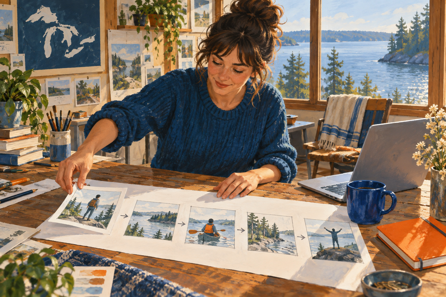 Gouache illustration of a creative studio arranging a sequence of storyboards beside a laptop