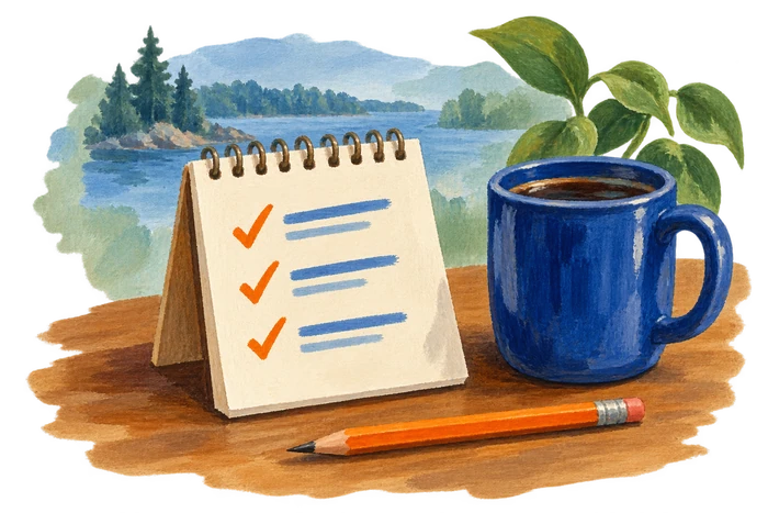 Painted notebook, pencil and a coffee mug beside the lake