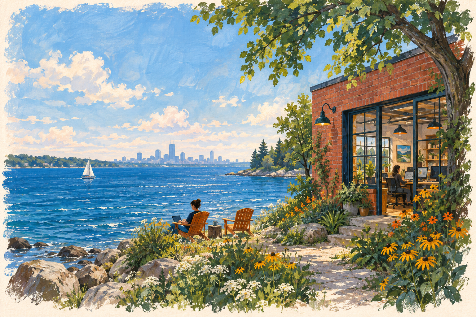 Painted illustration of a brick software workshop beside a blue Great Lakes waterfront