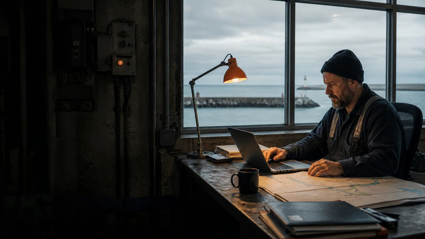 Owner-operator working at a laptop and paper process map beside a Great Lakes breakwater.