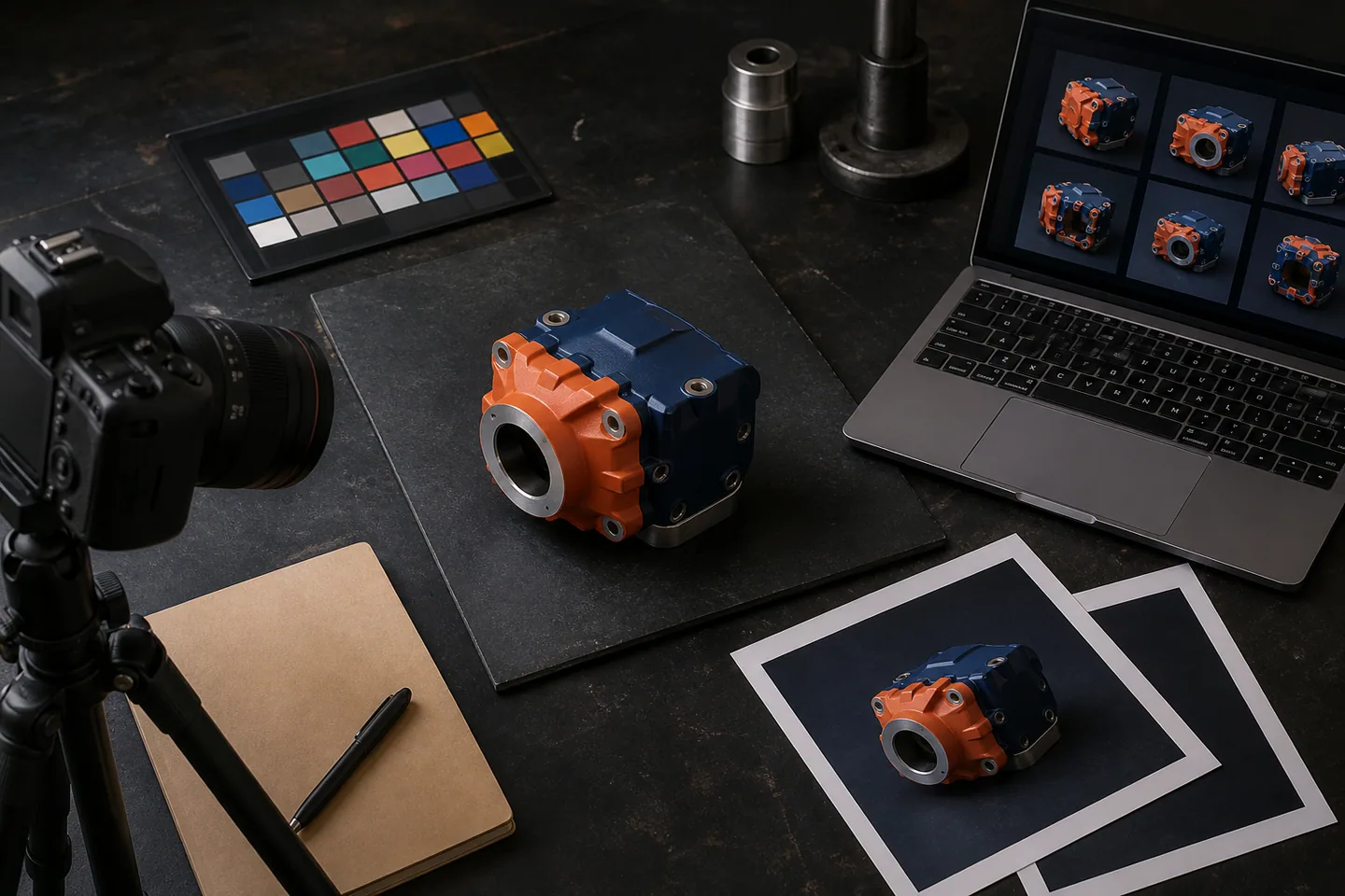 Camera and image review tools arranged around a navy and orange metal object on an industrial work table.