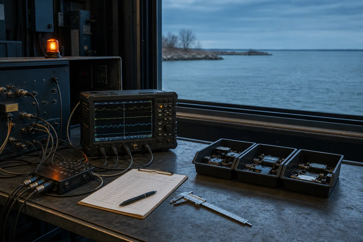 Industrial software test bench beside a Great Lakes window with measurement gear and three result trays.