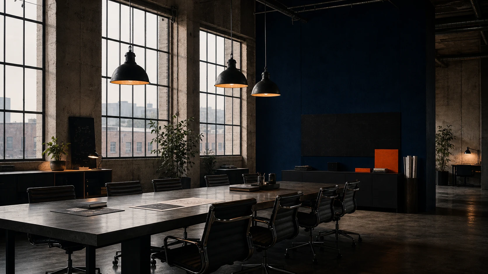 Industrial design studio with long table, concrete, warm lights, and tall windows.