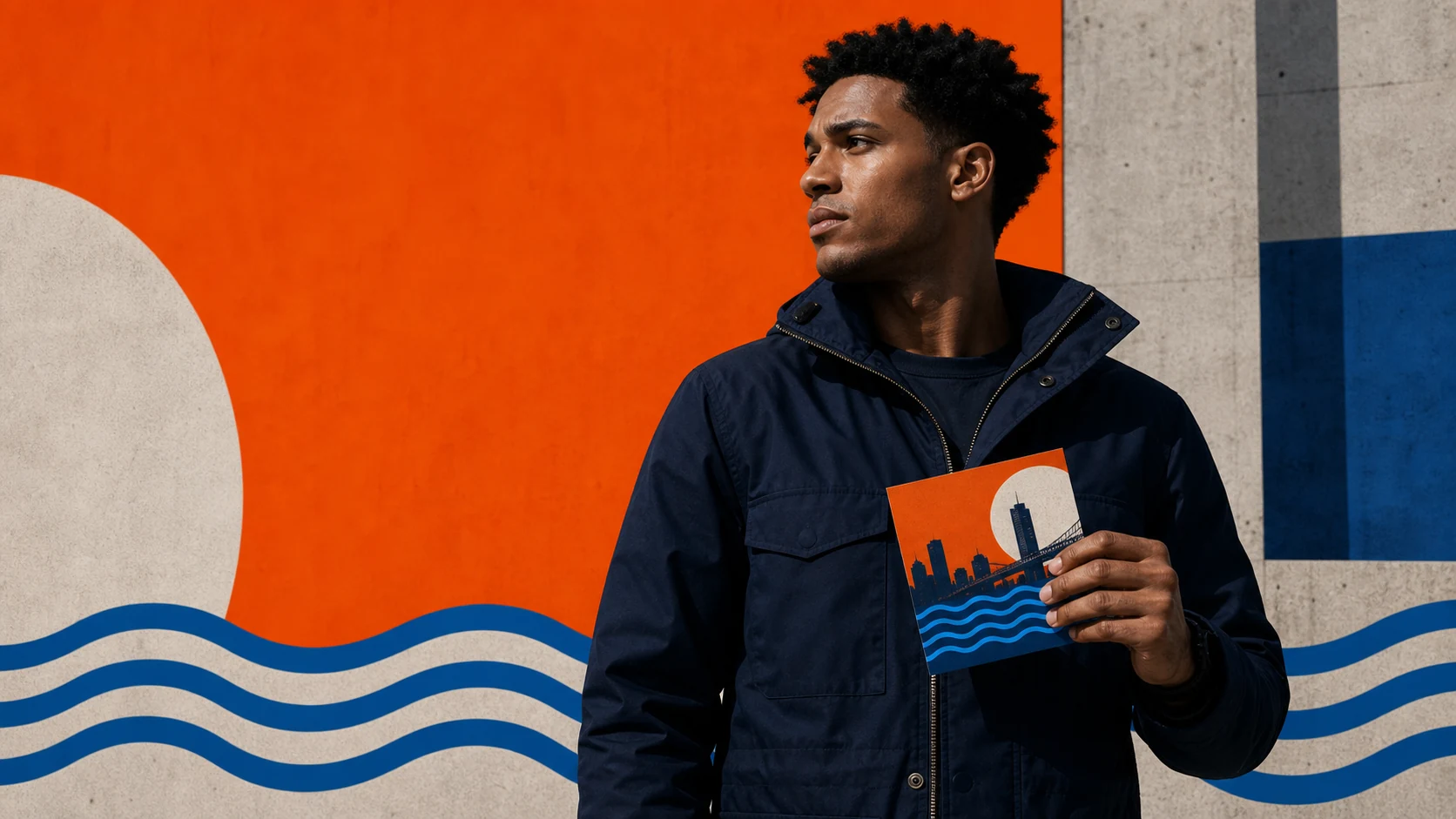 Campaign wall with orange and blue waves and a person holding a graphic campaign proof.