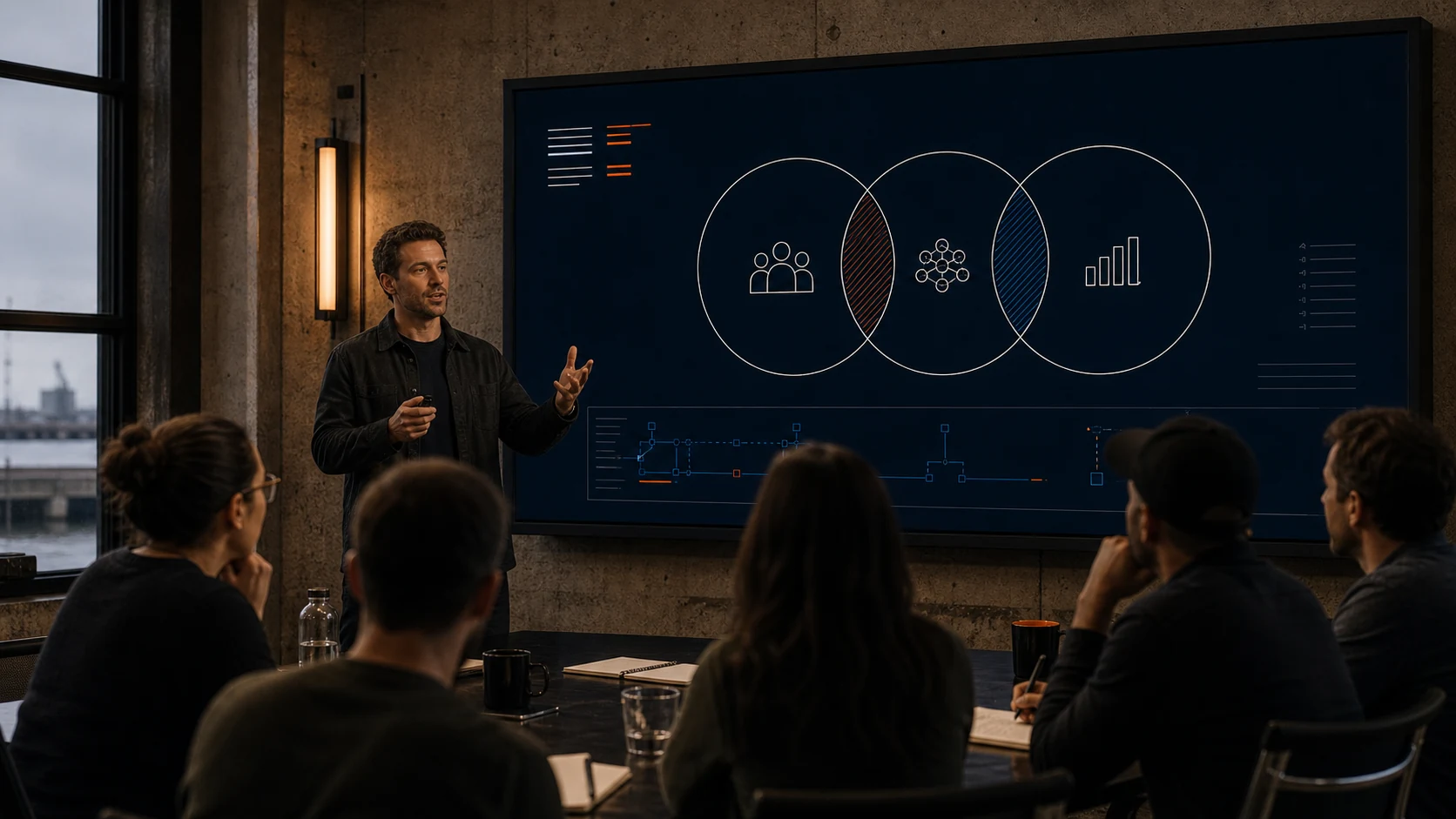 Speaker presenting human and machine systems diagrams to a team in an industrial studio.