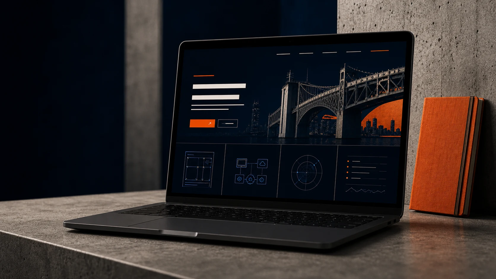 Laptop showing a dark civic infrastructure website interface on a concrete table.